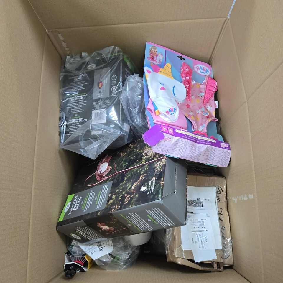 BOX OF APPROXIMATELY 15 ASSORTED ITEMS TO INCLUDE SMART SOLAR DAMASQUE SOLAR BLOOM, BABY BORN SWIMMING SET ETC