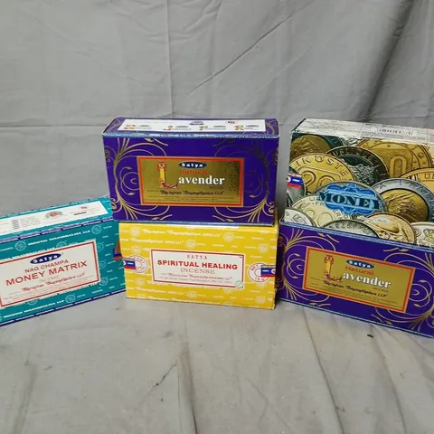 5 ASSORTED BOXES OF INCENSE TO INCLUDE LAVENDER, NAG CHAMPA MONEY MATRIX, SATYA SPIRITUAL HEALING, ETC