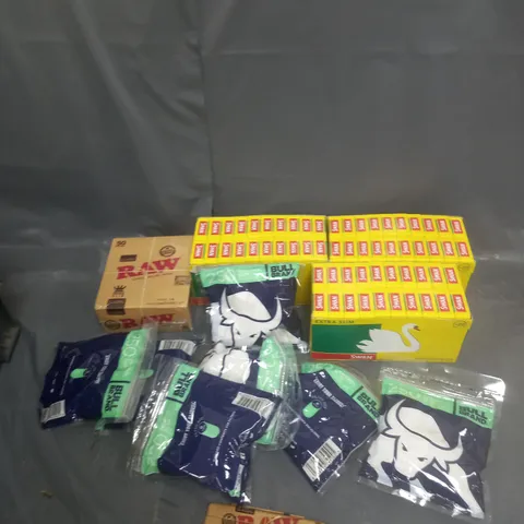 BOX OF APPROXIMATELY 8 ASSORTED ITEMS TO INCLUDE - RAW ROLLING PAPER, SWAN EXTRA SLIM, AND BULL BRAND MENTHOL SLIM ETC. 