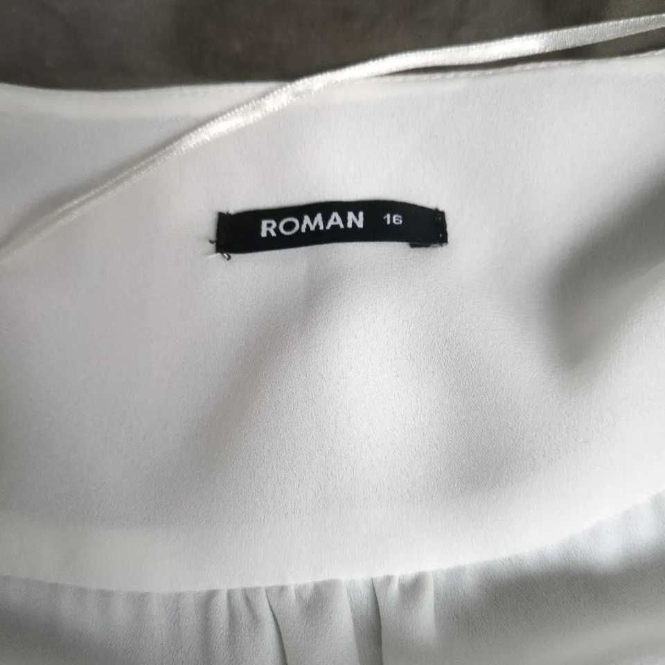 ROMAN WHITE BLOUSE, UK 16, RUFFLE FRONT WITH BLACK PIPING