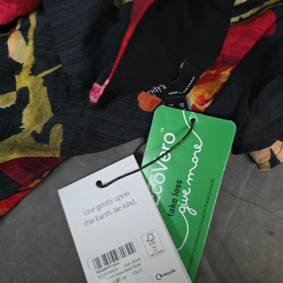 NOBODY'S CHILD FLORAL MAXI DRESS – BLACK WITH RED, PINK & YELLOW FLOWERS, UK 12