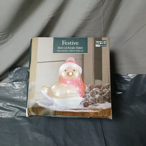 FESTIVE 19CM LIT ACRYLIC ROBIN – BATTERY OPERATED, INDOOR & OUTDOOR USE (BUILT-IN TIMER)