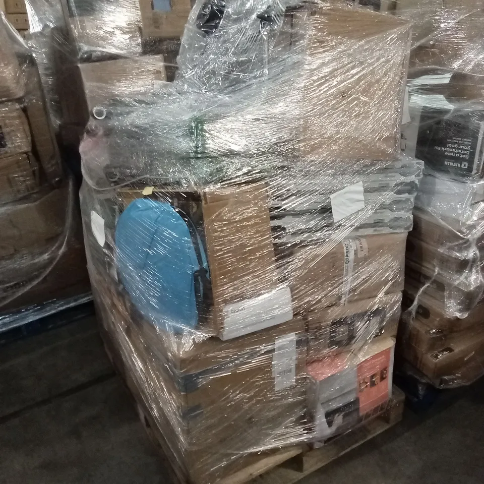 PALLET OF ASSORTED E-COMMERCE GOODS AND PRODUCTS TO INCLUDE; AIR FRYER, FOLDING OUTDOOR TABLES, LEAF BLOWERS, FLOOR FAN, SUITCASES/CABIN BAGS ETC