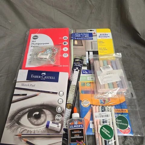 BOX OF APPROXIMATELY 20 ASSORTED HOUSEHOLD ITEMS TO INCLUDE - FABER-CASTELL SKETCH PAD - ELMER'S CLEAR GLUE - BIC COLOURED PENCILS - ETC