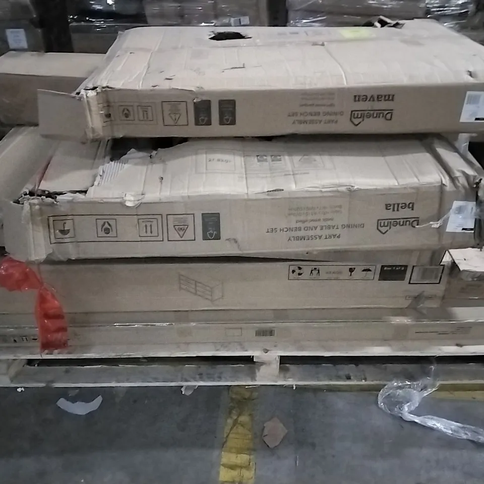 PALLET OF HOUSEHOLD ITEMS TO INCLUDE DINING BENCH SET, BOOKCASE AND DOUBLE WARDROBE ETC...