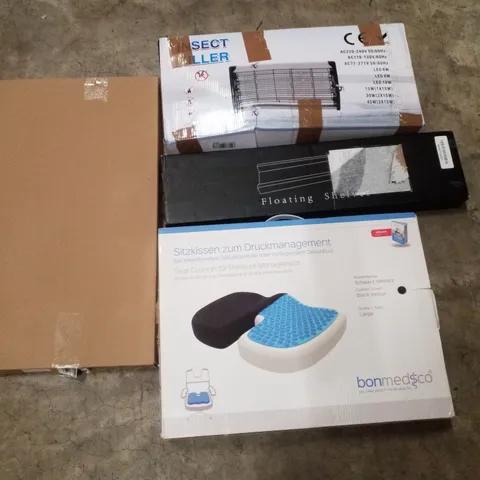 PALLET CONTAINING ASSORTED PRODUCTS INCLUDING INSECT KILLER, FLOATING SHELVES, SEAT CUSHION, OUTDOOR DECORATIVE FENCE & SUITCASES