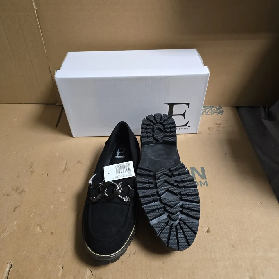 E. SHOES BY EMMA BLACK SUEDE LOAFERS WITH CHAIN DETAIL - UK SIZE 5