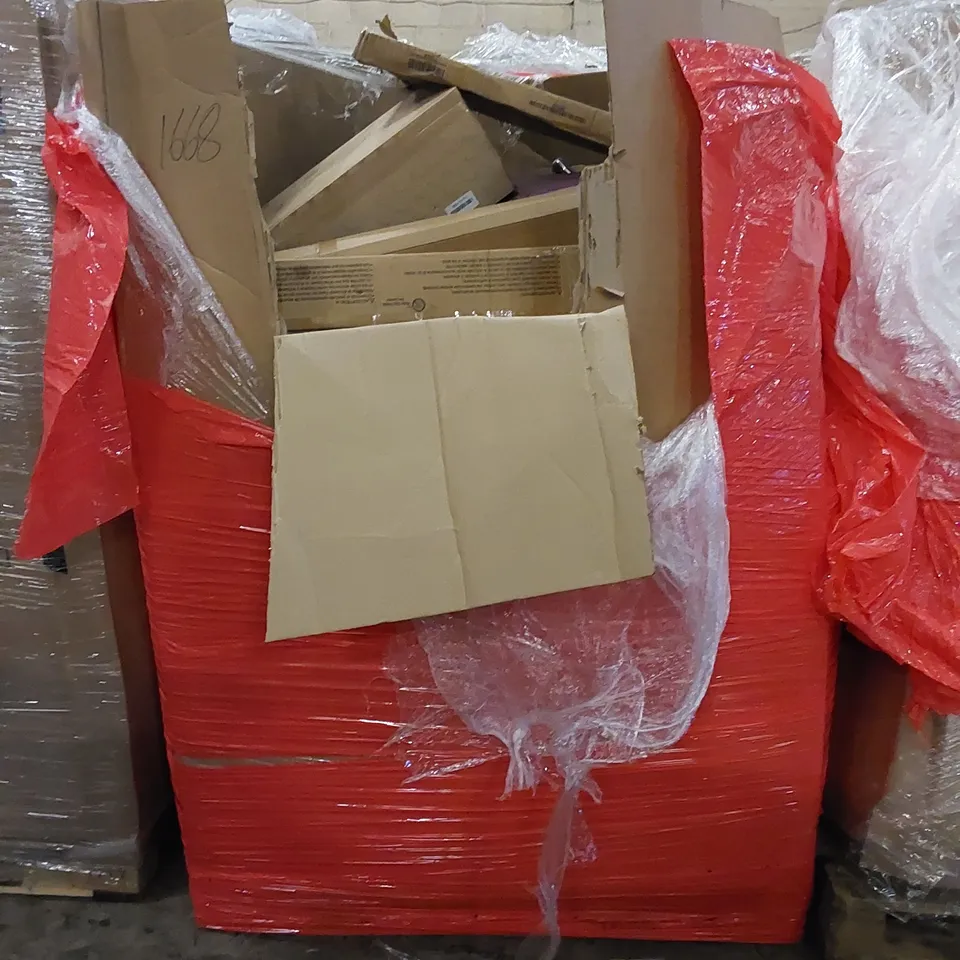 PALLET OF ASSORTED HOUSEHOLD ITEMS AND CONSUMER PRODUCTS. INCLUDES AIR FRYER, WALL HOOKS, ELECTRIC HEATED UNDERBLANKET ETC