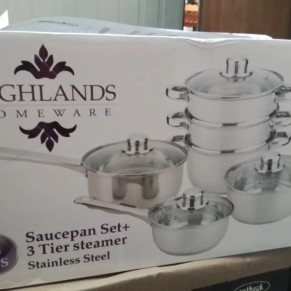 BOXED HIGHLANDS HOMEWARE SAUC3 PAN SET PLUS 3 TIER STEAMER STAINLESS STEEL 6PCS