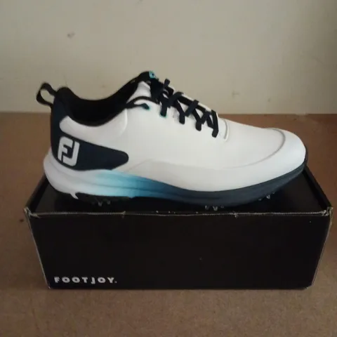 BOXED PAIR OF FOOTJOY TOUR RIVAL SHOES IN WHITE/BLUE - UK 9
