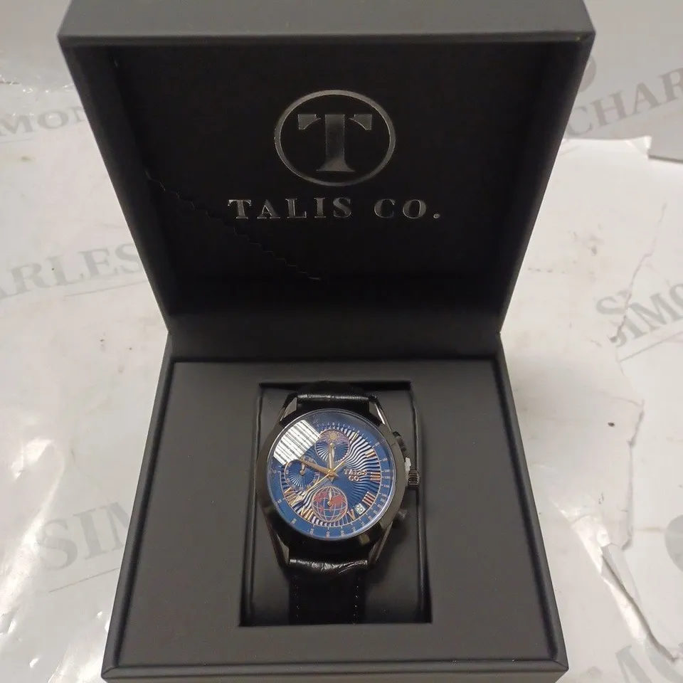 TALIS CO 7120 CHRONOGRAPH WATCH MOON PHASE MOVEMENT BLACK LEATHER STRAP