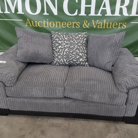 DESIGNER TWO SEATER SOFA WITH SCATTER CUSHIONS BLACK FAUX LEATHER & GREY JUMBO CHORD