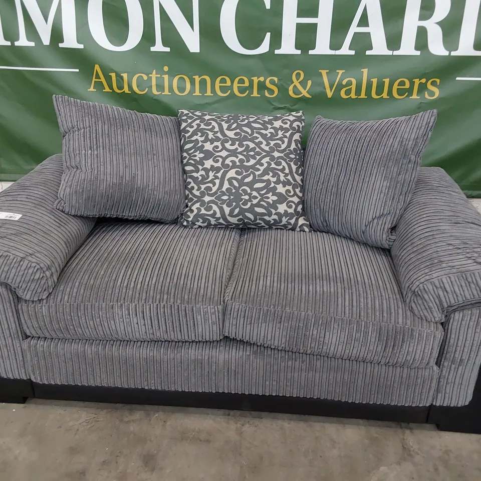 DESIGNER TWO SEATER SOFA WITH SCATTER CUSHIONS BLACK FAUX LEATHER & GREY JUMBO CHORD