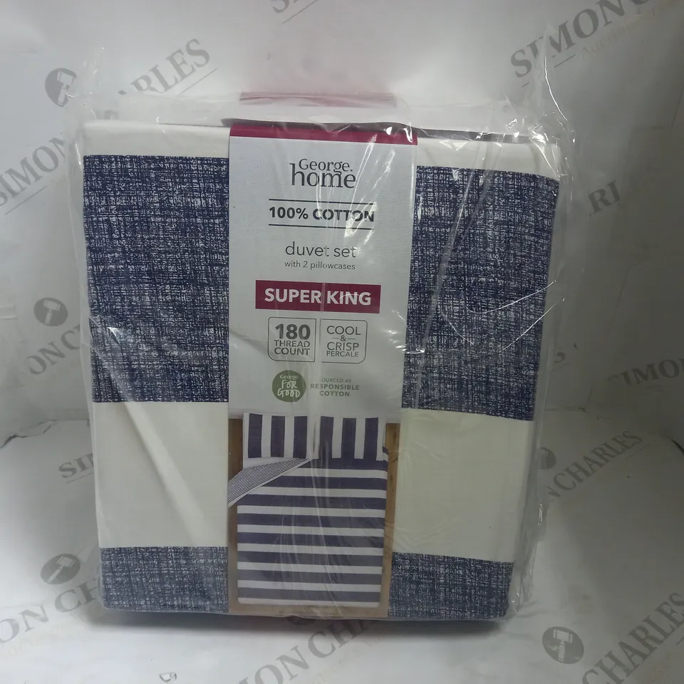 BOX OF 2 SUPER KING GEORGE HOME 100% COTTON DUVET SETS - BLUE/WHITE 