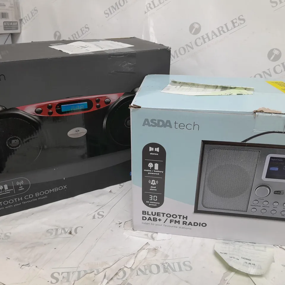  APPROXIMATELY 2 ASSORTED ASDA TECH ITEMS INCLUDING BLUETOOTH CD BOOMBOX, BLUETOOTH DAB+/ FM RADIO