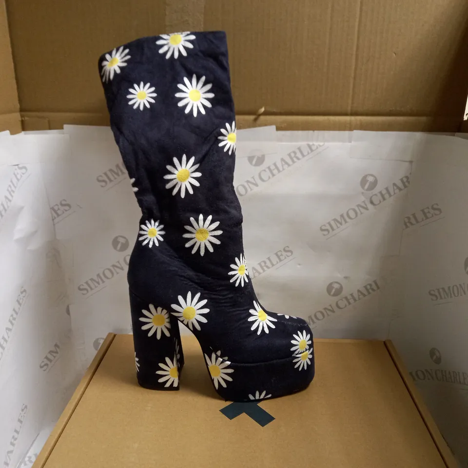 KOI VEGAN CRAZY DAISY NAVY BLUE PLATFORM LONG BOOTS - SIZE 6