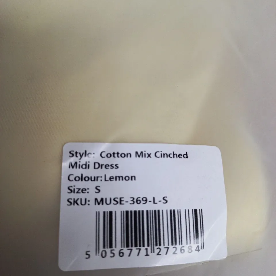 ODDMUSE COTTON MIX CINCHED MIDI DRESS – LEMON, SIZE S