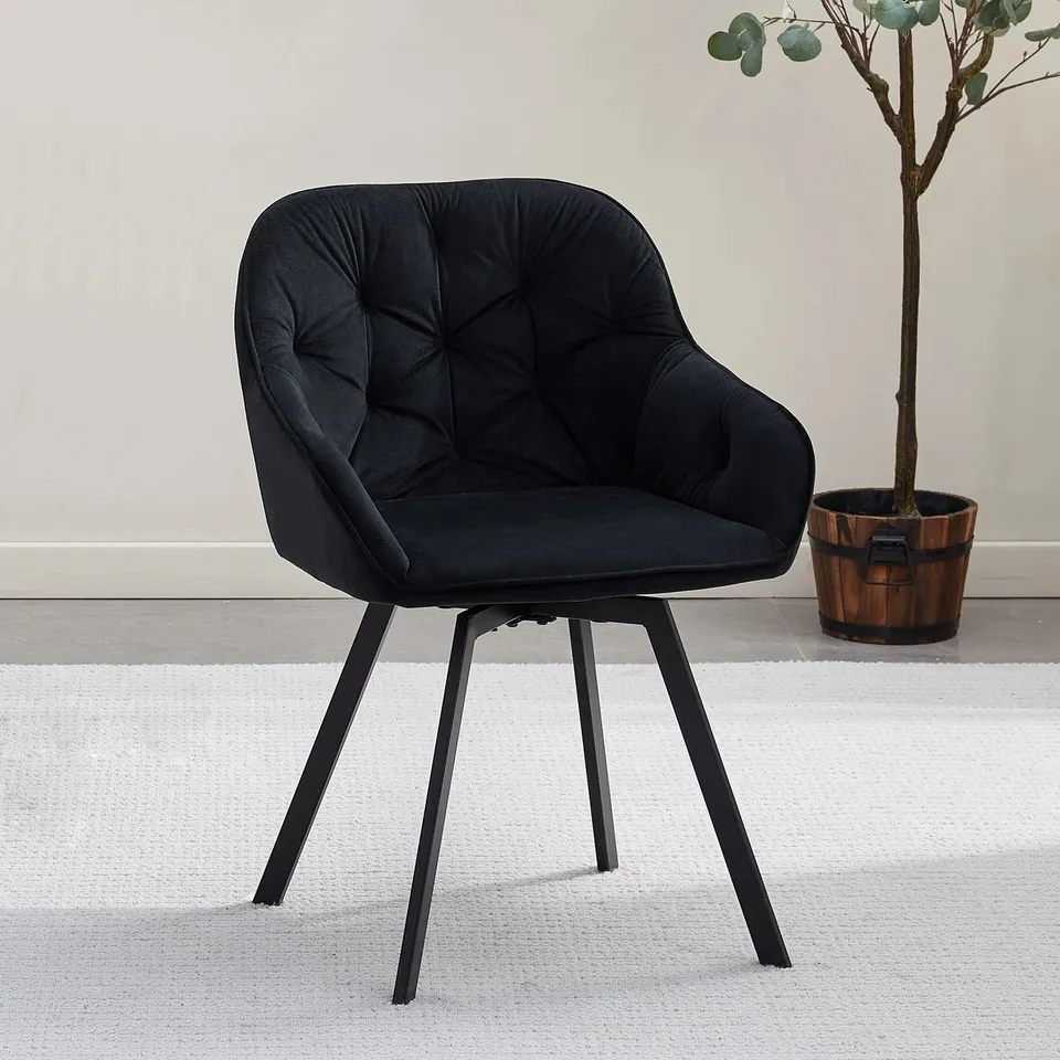 BOXED PAIR OF BUTTON BACK FABRIC UPHOLSTERED SIDE/DINING CHAIRS -BLACK-