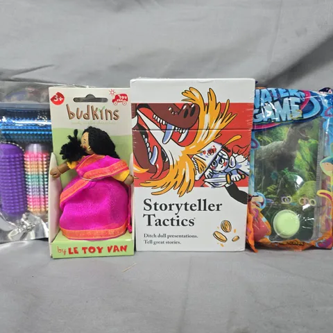 APPROXIMATELY 10 ASSORTED TOYS AND GAMES TO INCLUDE BUDKINS, STORYTELLER TACTICS, WATER GAME, ETC