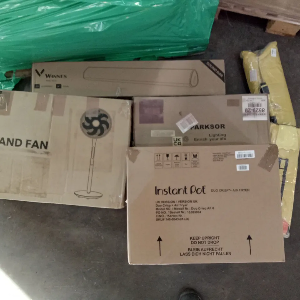 PALLET OF ASSORTED ITEMS INCLUDING TROTRONIC STAND FAN, INSTANT POT DUO CRISP + AIR FRYER, WINNES SOUND BAR, DOGLEMI DOG SAFETY VEST, SPARKSOR LIGHTING 