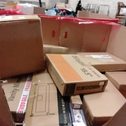 PALLET OF ASSORTED HOUSEHOLD GOODS AND PRODUCTS TO INCLUDE;MONITOR,BED RAILS,VANITY MIRROR