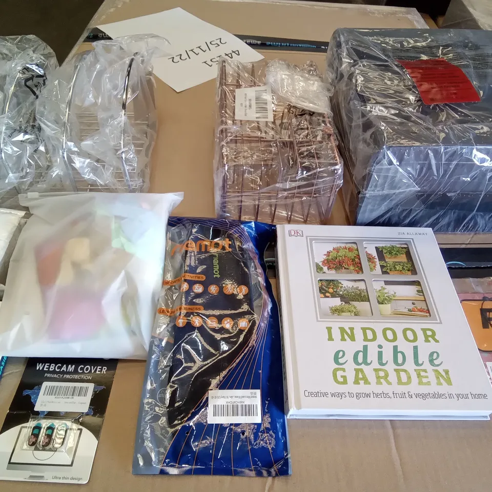 PALLET OF ASSORTED ITEMS INCLUDING INDOOR EDIBLE GARDEN BOOK, WEBCAM COVERS, M-DESIGN COOKWARE ORGANISER, ROCKSTAR AIR FRESHENER, M-DESIGN HAIR CARE HOLDER, TEMPERED-GLASS SCREEN PROTECTOR