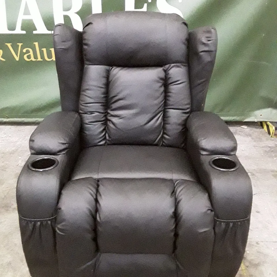 QUALITY DESIGNER ELECTRIC RECLINER ARMCHAIR WITH CUPHOLDERS - BLACK LEATHER