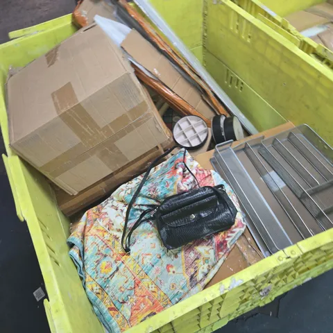 PALLET OF APPROXIMATELY 12 ASSORTED ITEMS INCLUDING DECROTIVE SIDE TABLE , UTENSIL DRAWER , EMBOSSED CROCODILE PATTERN HANDBAG