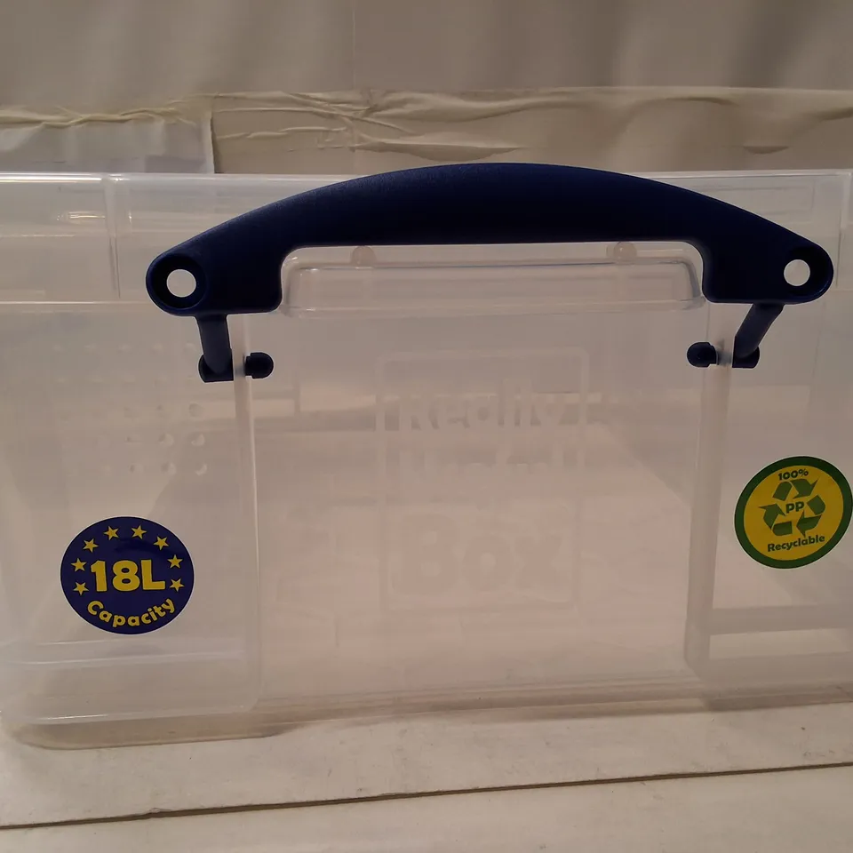 CLEAR PLASTIC STORAGE BOX WITH LID, 18L CAPACITY, BLUE CARRY HANDLE