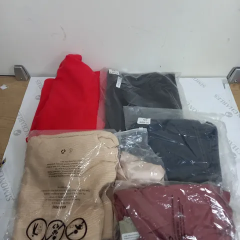 LARGE BOX OF ASSORTED CLOTHING ITEMS IN VARIOUS COLOURS AND SIZES INCLUDING TROUSERS , TOPS AND JUMPERS