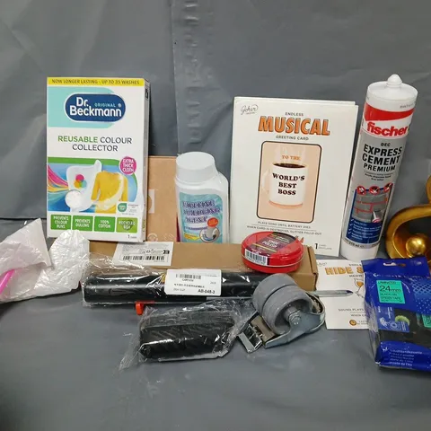 APPROXIMATELY 15 ASSORTED HOUSEHOLD ITEMS TO INCLUDE SHOE POLISH, EXPRESS CEMENT, DISHWASHER TABLETS, ETC