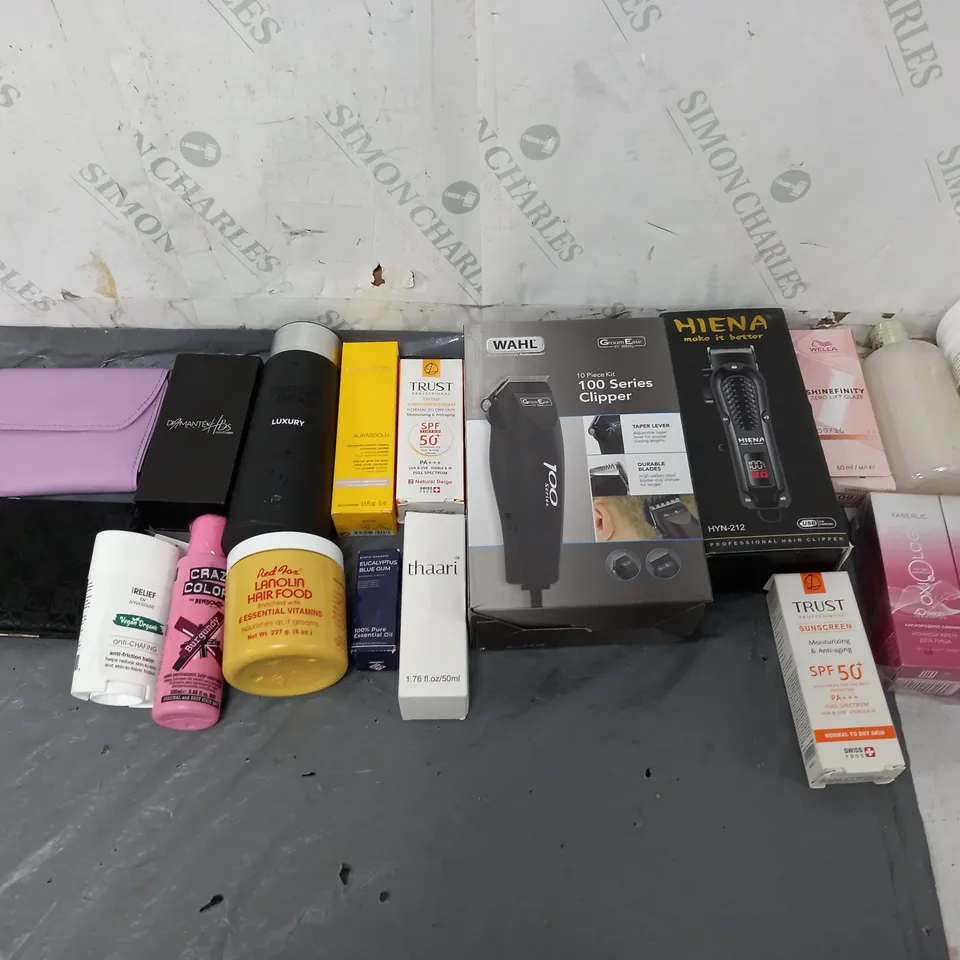 BOX OF APPROXIMATELY 12 ASSORTED COSMETIC ITEMS TO INCLUDE - WAHL 100 SERIES CLIPPER - CRAZY COLOUR BURGENDY - TRUST SUNSCREEN ETC. 