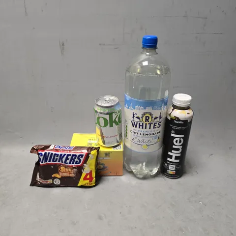 APPROXIMATELY 10 ASSORTED FOOD & DRINK ITEMS TO INCLUDE - HUEL VANILLA , SNICKERS , DIET COKE SUBLIME LIME ETC