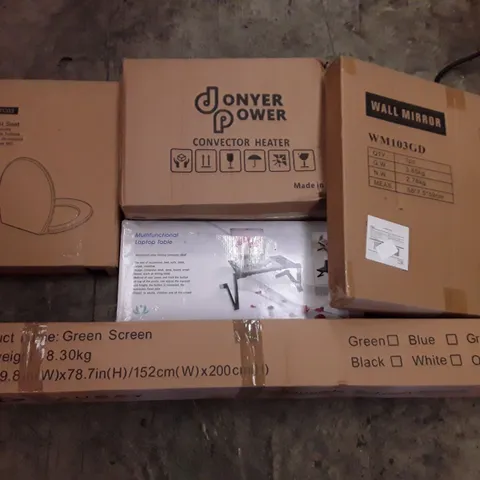 PALLET OF ASSORTED PRODUCTS INCLUDING TOILET SEAT, CONVECTOR HEATER, WALL MIRROR, GREEN SCREEN, MULTIFUNCTIONAL LAPTOP TABLE
