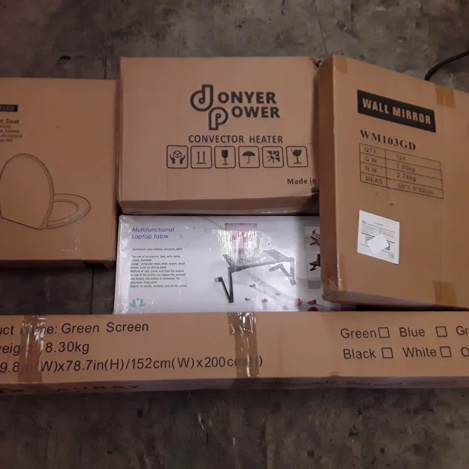 PALLET OF ASSORTED PRODUCTS INCLUDING TOILET SEAT, CONVECTOR HEATER, WALL MIRROR, GREEN SCREEN, MULTIFUNCTIONAL LAPTOP TABLE