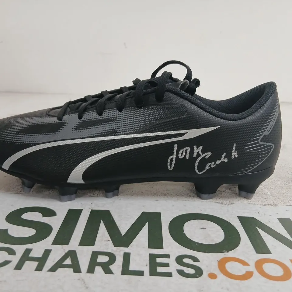 BLACK FOOTBALL BOOT WITH SILVER STRIPE AND AUTOGRAPH