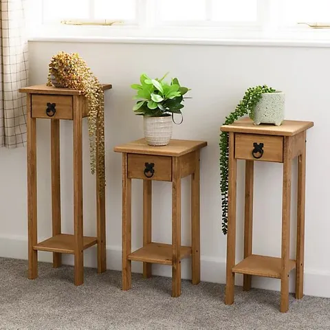BOXED CORONA PLANT STANDS SET OF 3 SIZES IN DISTRESSED WAXED PINE FINISH (1 BOX)
