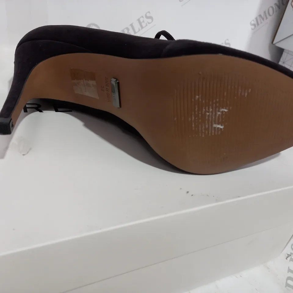 BOXED REISS SUEDE CHOCOLATE BOOT HEELS - SIZE 5