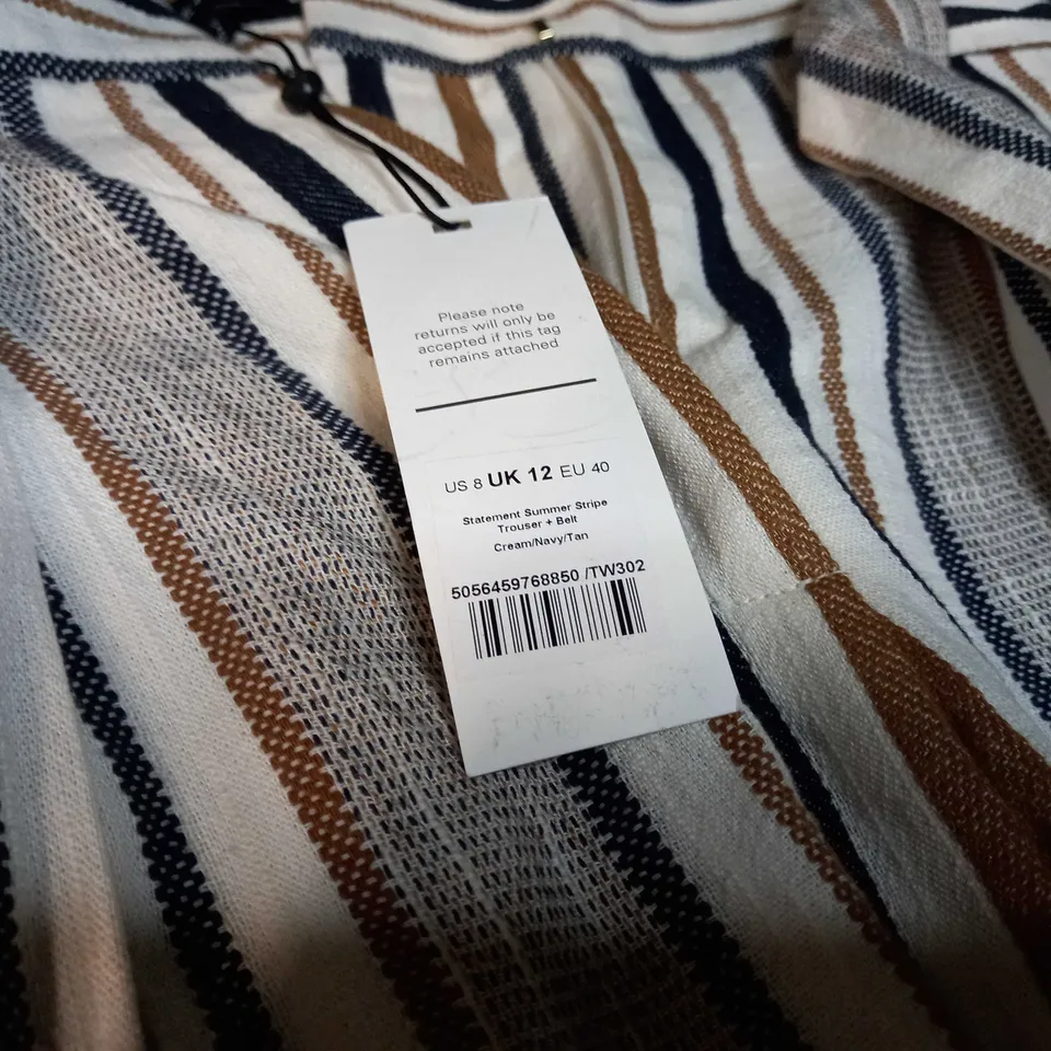 ME+EM CREAM/NAVY/TAN STATEMENT SUMMER STRIPE TROUSERS - SIZE 12