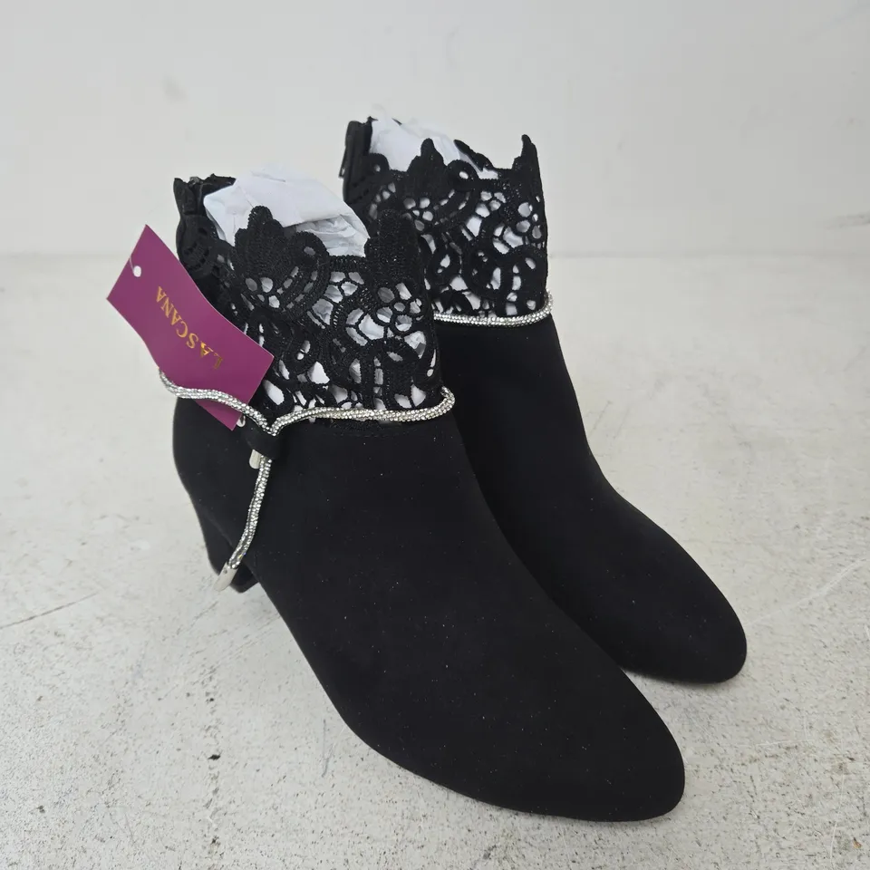 LASCANA BLACK LACE-TOP ANKLE BOOTS WITH RHINESTONE TRIM - 6