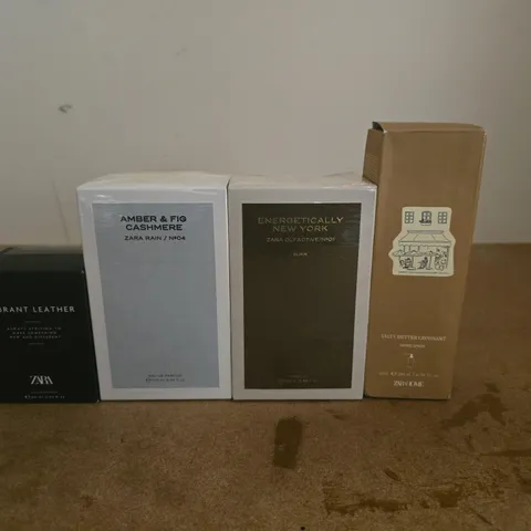 LOT OF 4 ASSORTED ZARA PERFUMES TO INCLUDE AMBER AND FIG CASHMERE, ENERGETICALLY NEW YORK AND VIBRANT LEATHER