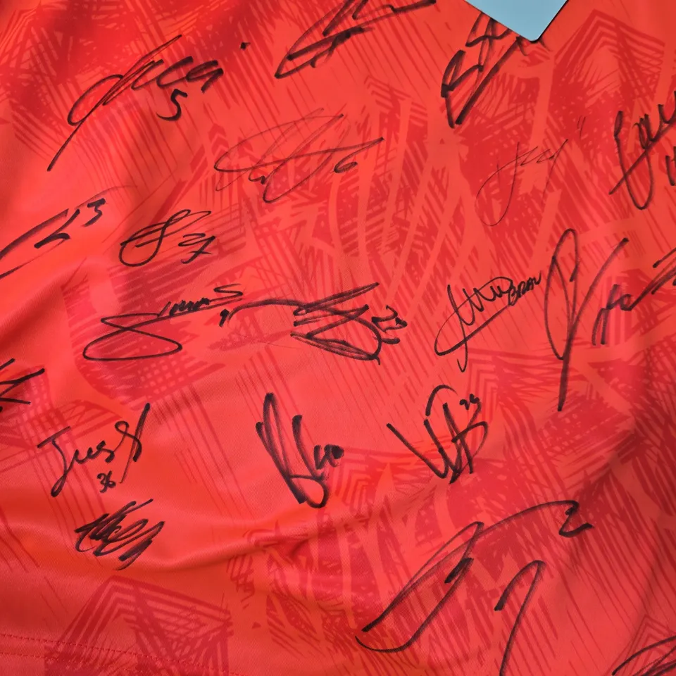 COVENTRY CITY FC AWAY SHIRT – HOT CORAL/WHITE – SIGNED, SIZE L, HUMMEL