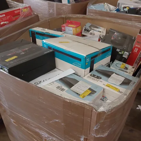 PALLET CONTAINING VARIOUS ASSORTED BOXED ELECTRONIC ITEMS TO INCLUDE: SEVERAL PRINTERS, HEADPHONES, DVD PLAYERS, SPEAKERS ETC