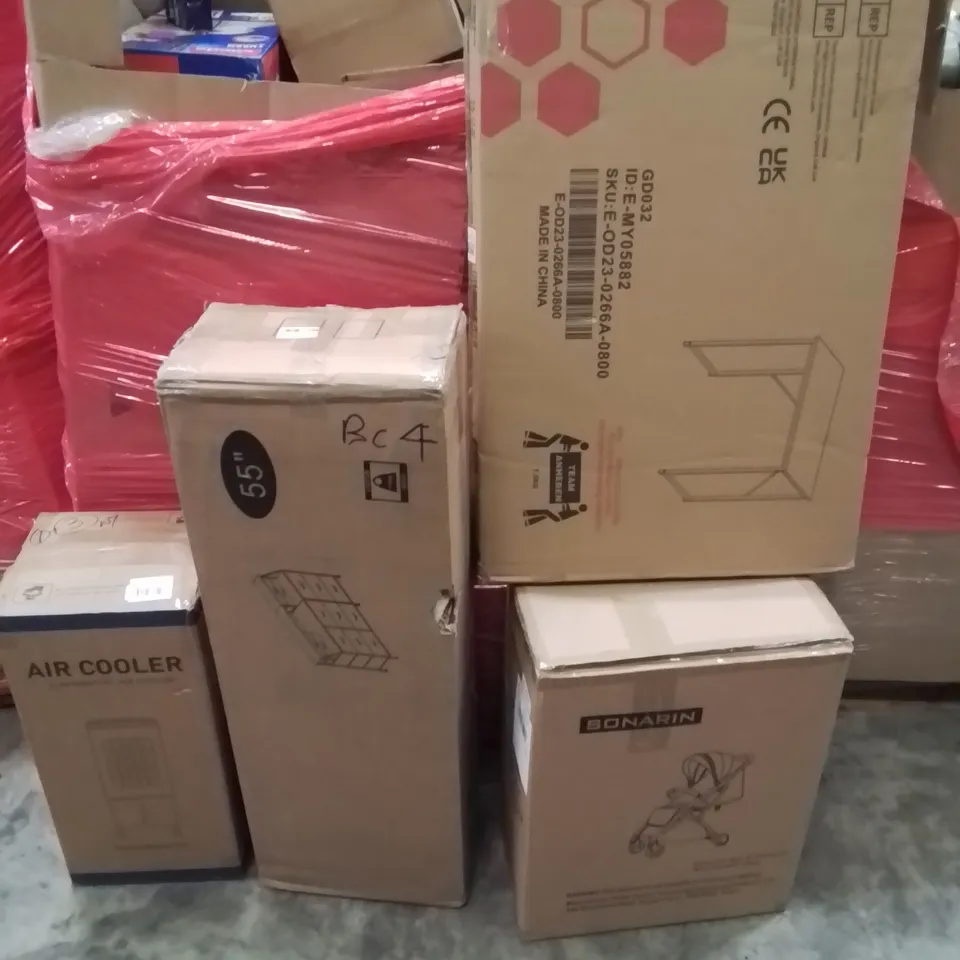 PALLET OF ASSORTED HOUSEHOLD GOODS AND PRODUCTS TO INCLUDE;SONARIN PRAM,AIR COOLER,55" DRAW