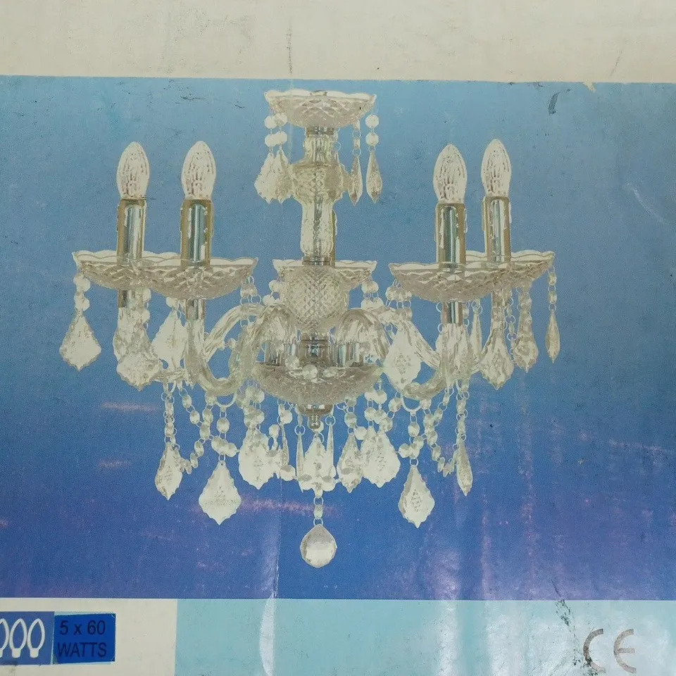 BOXED LOXTON LIGHTING C708/5 CLEAR & CHROME ACRYLIC 5 LIGHT CHANDELIER
