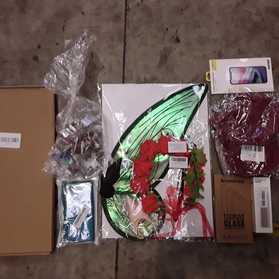 PALLET OF ASSORTED PRODUCTS INCLUDING FAIRY WINGS, PHONE CASE, COOKIE CUTTERS, TEMPERED GLASS SCREEN PROTECTOR, CLEANING KIT OF AIRPODS