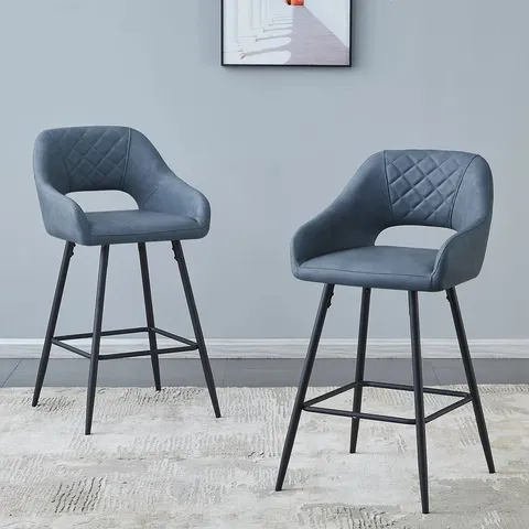BOXED SET OF 2 COWLES 67cm FAUX LEATHER UPHOLSTERED ARM BAR STOOLS - BLUE/GREY (1 BOX)