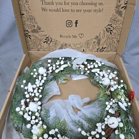 DIBOR HANDMADE CHRISTMAS WREATH WITH WHITE BERRIES AND EVERGREEN 