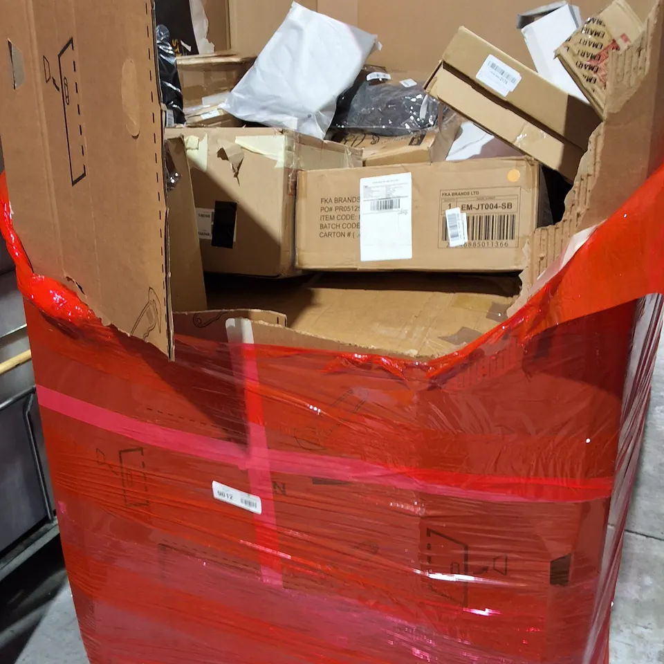 PALLET OF ASSORTED HOUSEHOLD ITEMS TO INCLUDE TV FLOOR STAND, MARLEY TURNTABLE AND AC CHARGING GUN