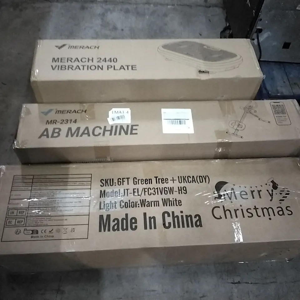 PALLET OF HOUSEHOLD ITEMS TO INCLUDE VIBRATION, AB MACHINE, CHRISTMAS TREE AND OTHER ASSORTED ITEMS...